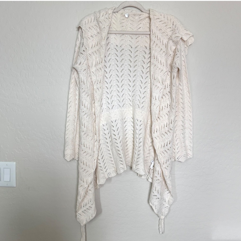Margret O'leary Womens Cotton Cardigan L Cream Pointelle Crochet Waterfall Open